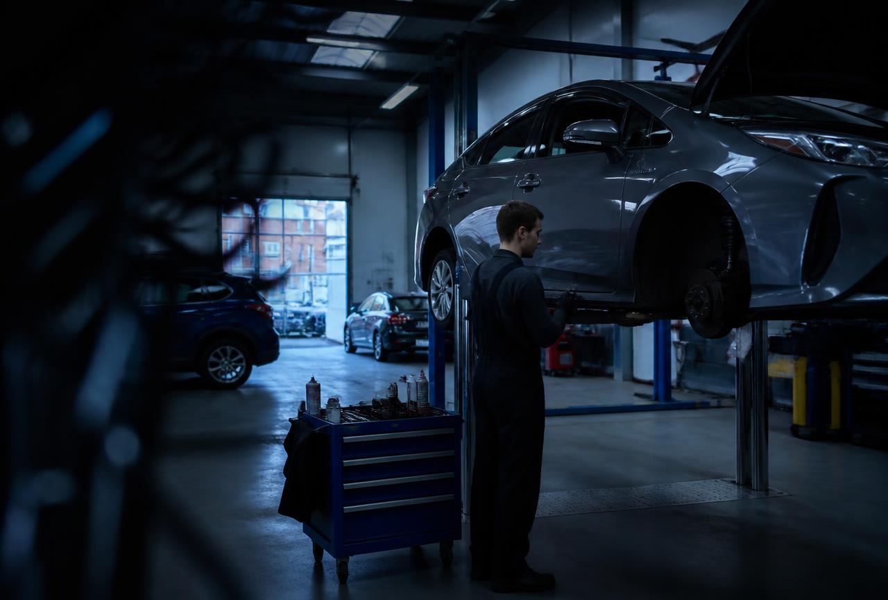 Mechanic servicing a hybrid car on a lift inside the Hermitage Autos workshop in Dublin